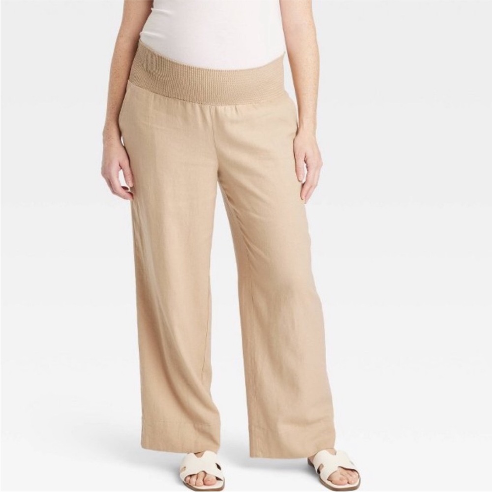 Isabel Maternity Smock Waist Wide Leg Relaxed Fit Linen Trousers Tan XS | NWT